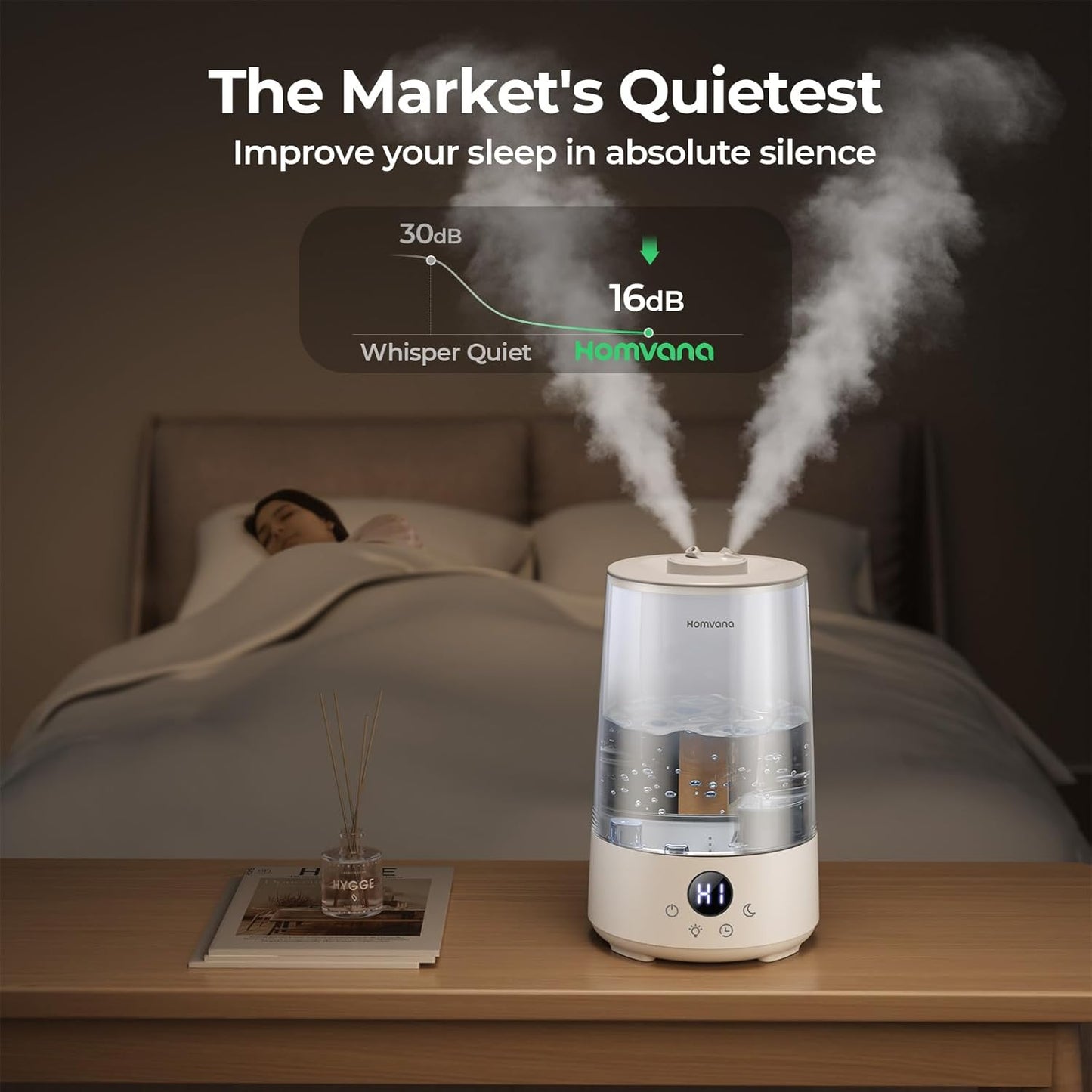 Homvana Humidifiers for Bedroom Home, 3.6 L Cool Mist Top-Fill 34H Super Long Time, Quiet 23dB, Baby Humidifier, Oil Diffuser for Large Room, House, Plant, Nursery, Office, BPA FREE, Ultrasonic (Grey)