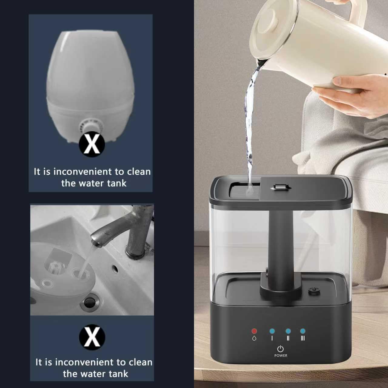 KZF 4L Top Fill Humidifiers for Bedroom & 60H Runtime - Cool Mist Humidifier, 3 Mist Levels, 8H Timer, Essential Oil Tray, Humidity Display, Quiet for Bedroom, Baby, Plants, Large Room (Black, 6L)
