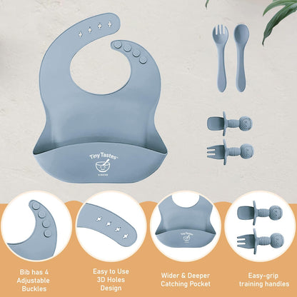 10-Piece Silicone Baby Feeding Set – BPA-Free, Spill-Proof Suction Plate, Bowl, Bib, Snack Cup & Utensils | Dishwasher Safe, Baby Gift Ready (Blue)