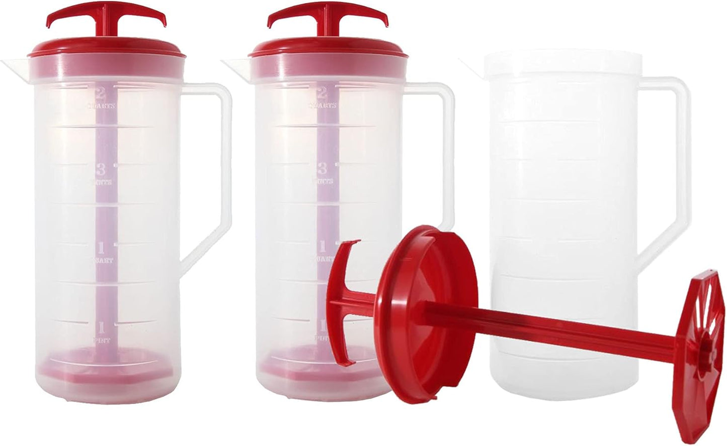 JBK Pottery 2-Quart White Mixing Pitcher with Plunger – BPA-Free Plastic Mixing Jug for Juice, Milk, Tea, Shakes, and More – Dishwasher-Safe, Spill-Proof Lid, Smart Stirring Design