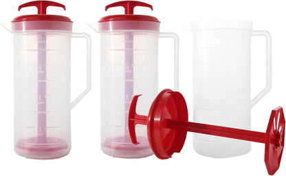 JBK Pottery 2-Quart White Mixing Pitcher with Plunger – BPA-Free Plastic Mixing Jug for Juice, Milk, Tea, Shakes, and More – Dishwasher-Safe, Spill-Proof Lid, Smart Stirring Design