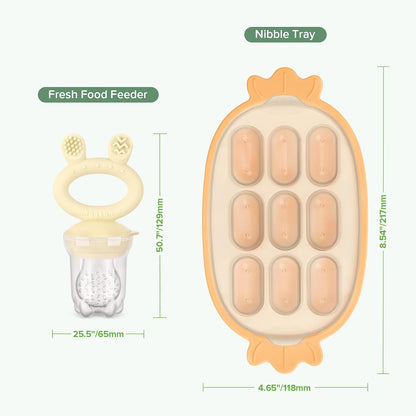 Haakaa Baby Fruit Food Feeder & Silicone Freezer Nibble Tray Combo - Breastmilk Popsicle Mold for Baby Cooling Relief, BPA Free Baby Mesh Food Feeder for Infant Self Feeding