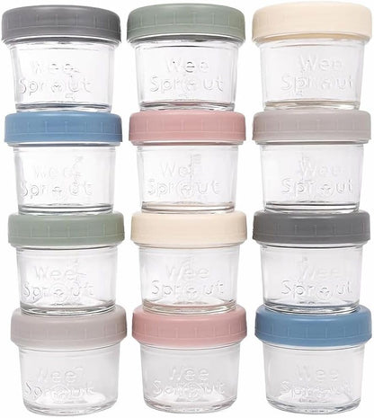 WeeSprout Glass Baby Food Storage Jars w/Lids (4 oz, 12 Pack Set) Snack, Puree, Reusable Small Containers, Breast Milk, Fridge or Freezer, Microwave & Dishwasher Safe, Essential Must Have for Infants