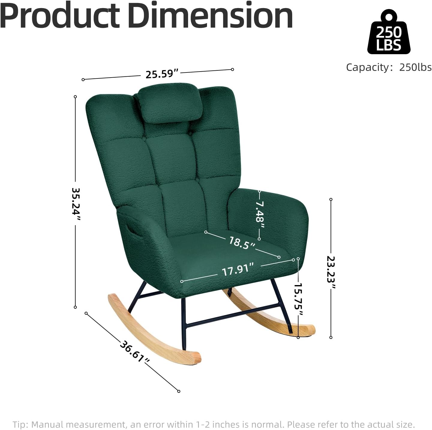 IDEALHOUSE Nursery Rocking Chair, Comfort Glider Rocker with High Backrest Armchair Padded Seat, Accent Chair for Nursery Living Room Bedroom Offices Small Spaces Indoor, Green Without Ottoman