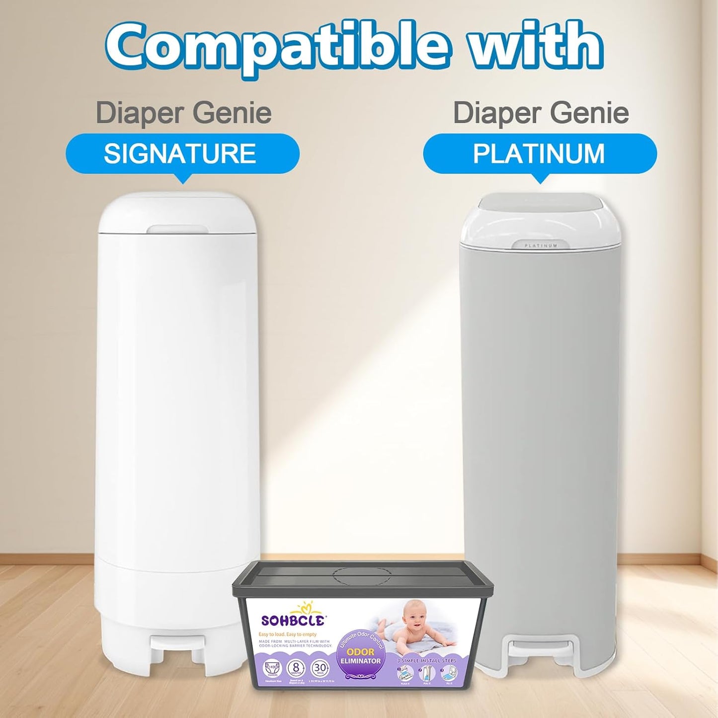 Refills Compatible with Genie Easy Roll Signature Diaper Pail and Platinum Diaper Pail, Upgraded 120 Bags Hold up to 5600 Newborn Diapers, Extra Thickness Powerful Odor Control