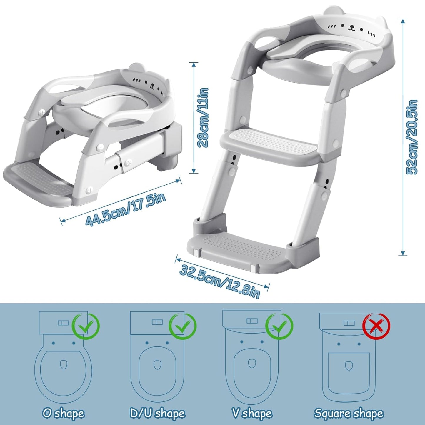 3-in-1 Baby Potty Training Seat with 2 Step Ladder, Splash Guard Anti-Slip Pad, Height Adjustable Toddler Toilet Seat with Soft Cushion for Kids Boys Girls(Grey)