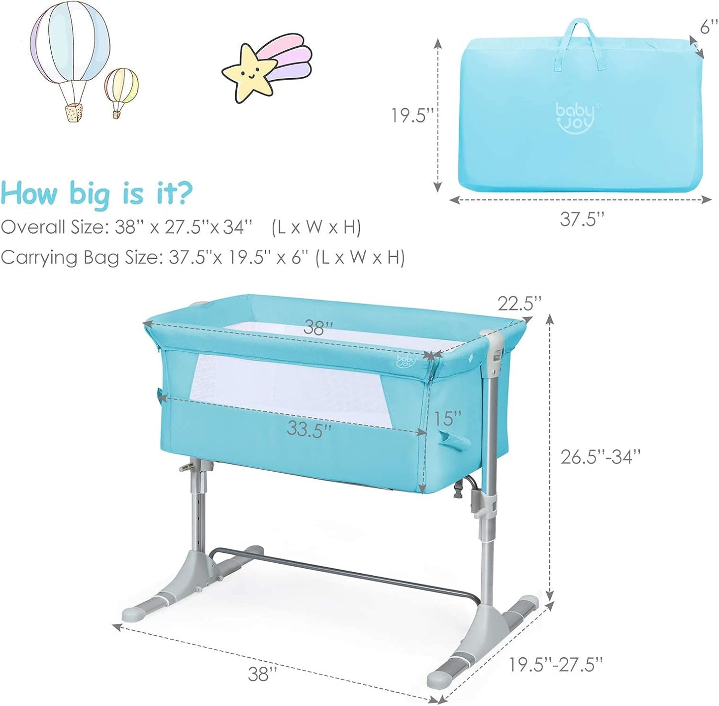 BABY JOY Baby Bedside Crib, Portable Travel Sleeper Bed Side Bassinet w/Carrying Bag, Newborn Bassinet to Infant, Kids Crib with Detachable Mattress, Height Adjustable Design, Breathable Mesh, Grey