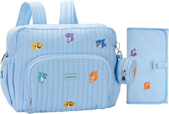 GOBABYMART Diaper Bag Backpack with Changing Pad - Travel Baby Bag, Insulated Bottle Pockets, Stroller Straps (Medium - Blue Sharks)