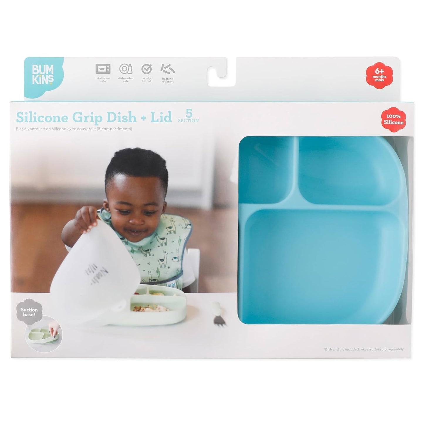 Bumkins Toddler and Baby Suction Plate, Divided Grip Dish for Babies and Kids, Baby Led Weaning, Feeding Supplies, Sticks to Tables and Highchairs, Platinum Silicone, for Chidren 6 Months, Gray