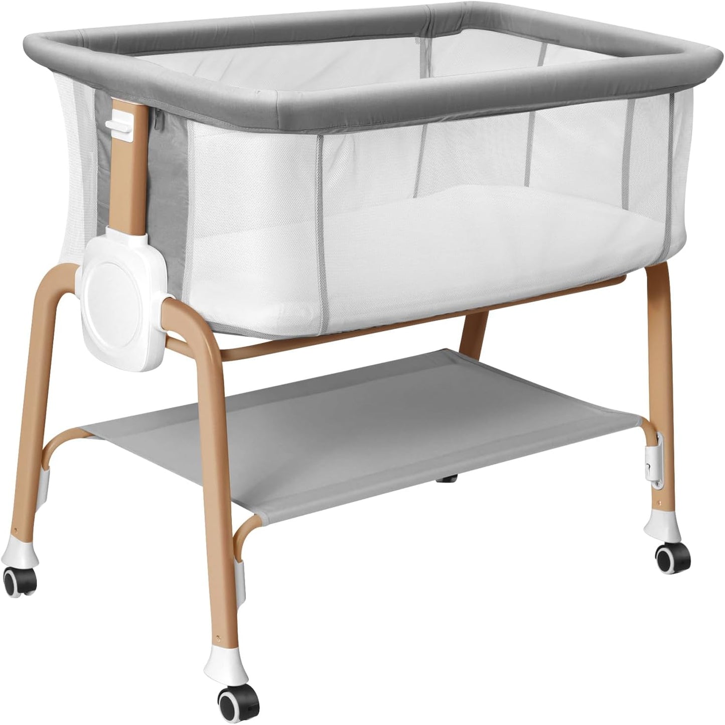 Bassinet Bedside Sleeper, Bedside Bassinet for Newborn, Baby Bassinet with 5 Adjustable Height, Rocking Bassinet with Wheels, Breathable Mesh & Mattress, Easy Folding Portable Bedside Crib（Dark Gray)