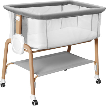 Bassinet Bedside Sleeper, Bedside Bassinet for Newborn, Baby Bassinet with 5 Adjustable Height, Rocking Bassinet with Wheels, Breathable Mesh & Mattress, Easy Folding Portable Bedside Crib（Dark Gray)