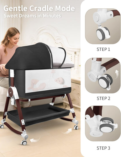 suihuooo 4 in 1 Baby Bassinet, Bassinets Bedside Sleeper with Wheels and Storage Basket, Adjustable 7 Heights Bedside Sleeper with Mosquito Net, Breathable Mesh Rocking Bassinet for Baby