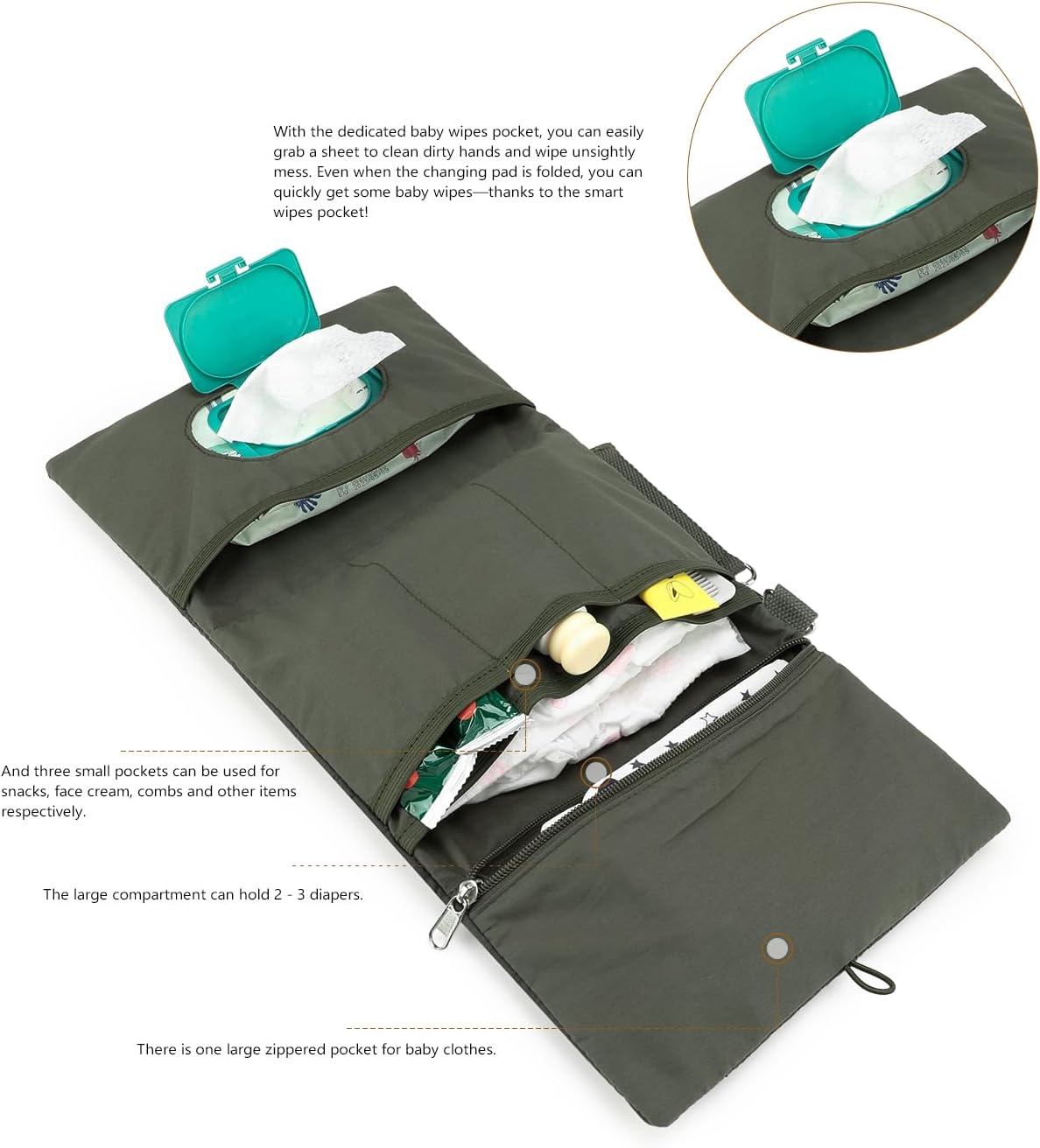 MOMIGO Baby Diaper Bag Organizer Pouches Waterproof Mini Diaper Bag - 2 pcs/set Foldable Hanging Bag Reusable, Washable or Cloth Diapers, with Gift for Baby Shower (Khaki（A）)