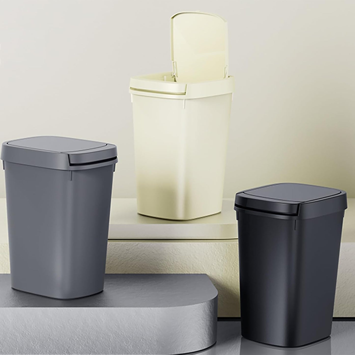 CEROELDA 3 Pack Bathroom Trash Can with Lid, 10L/2.6 Gal Small Garbage Can with Press Top Lid, Slim Plastic Waste Basket for Toilet, Office, Bedroom (Muti 1)