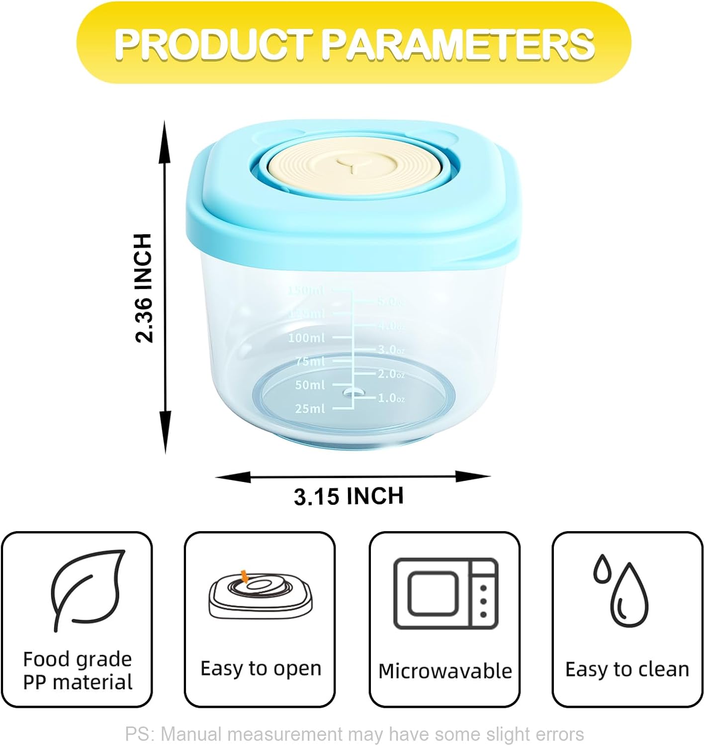 Baby Food Containers - 5 oz Food and Snack Storage Jars with Sealing Lids, Safe and Durable, Freezer, Microwave and Dishwasher Safe