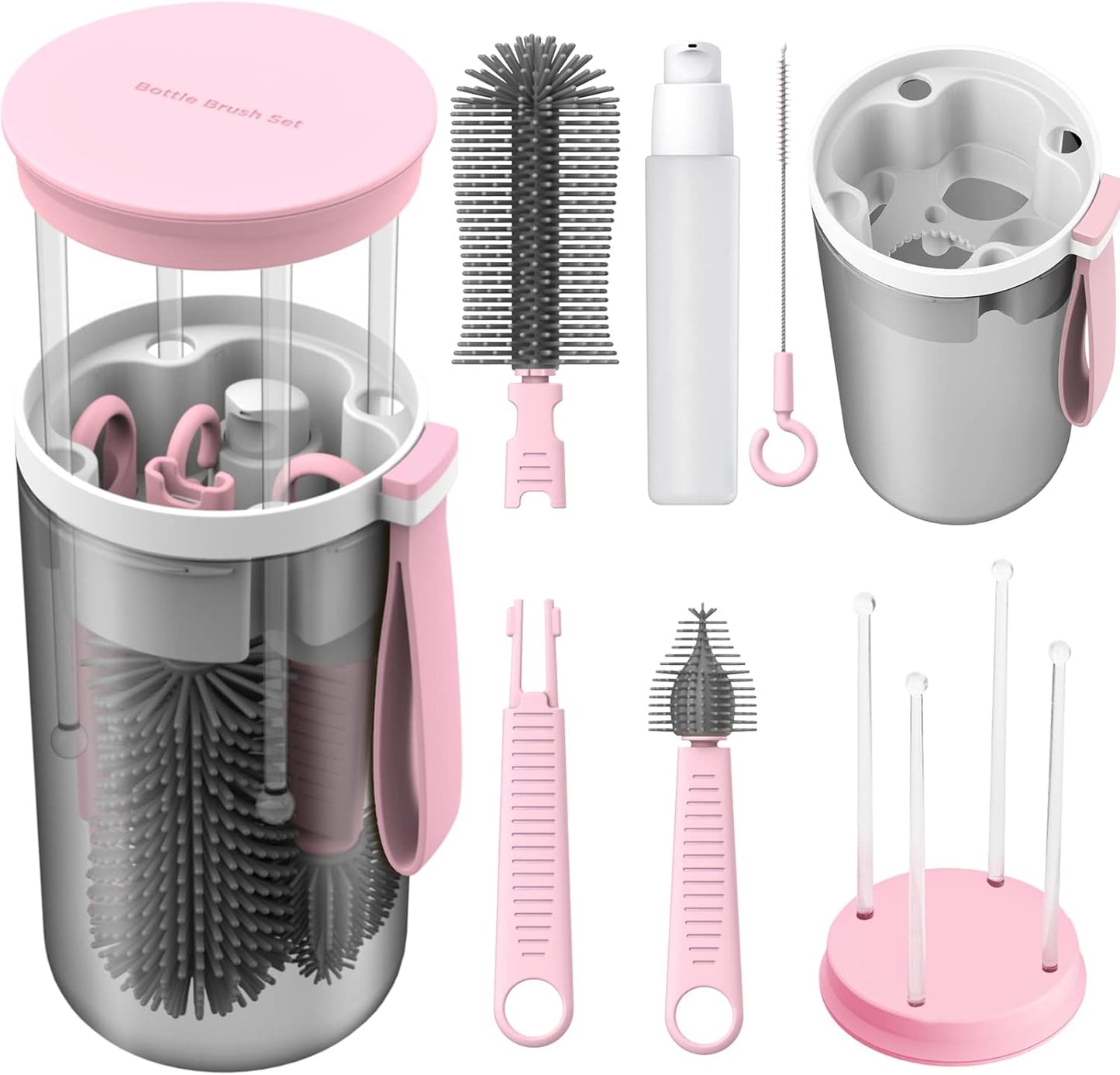WHNLTravel Baby Bottle Brush Set with Bottle Cleaner Brush Set and Drying Rack,Gift for Newborn Mothers, Suitable for Travel and Home(Yellow)