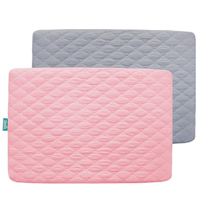 2 Pack Pack and Play Mattress Protector Sheets Fitted Waterproof Playard Mattress Pad Cover, Compatible with Graco Pack n Play & Dream On Me & Pamo Babe, Playpen/Playard Sheet, Gray&Pink, 39" x 27"