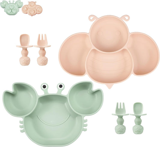 PandaEar 2 Pack Silicone Suction Plates for Toddlers Baby with 4 Spoons Self Feeding, Divided Unbreakable Toddler Plates with Suction, Baby Plates and Utensils Set, Baby Dishes, Green Crab & Pink Bee