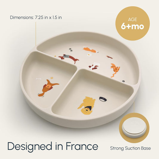 Silicone Suction Plates with Dividers - Grip Plates for Babies 6-12 Months and Toddlers 1-3, Toddler and Baby Dishes, Baby Led Weaning Essentials, Dishwasher Safe (Beige - Dogs and Cats)
