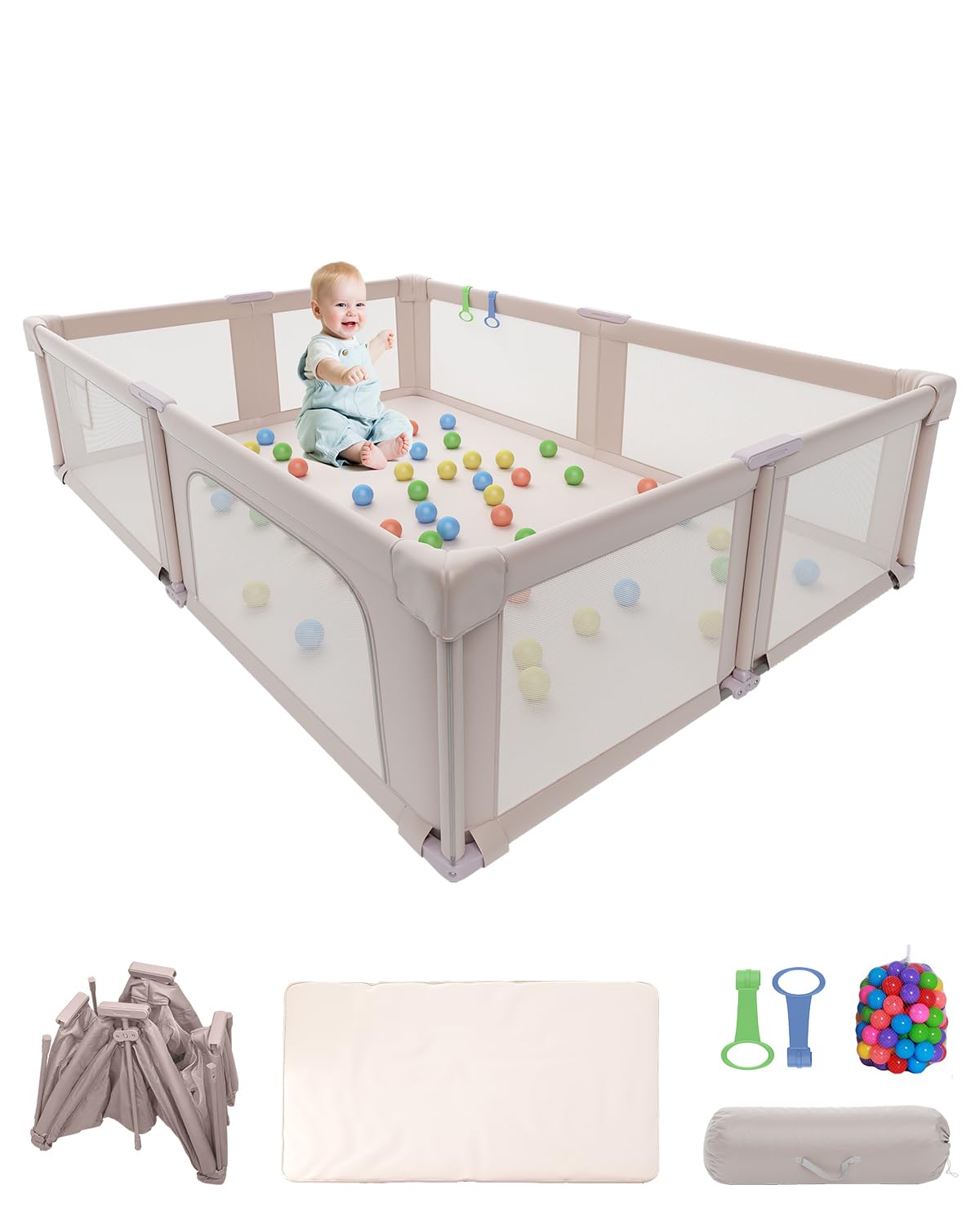 Foldable Playpen for Babies and Toddlers, 51" Portable Play Pen with Mat and Ocean Balls, Play Yard with with Visible Mesh for Inddor and Outdoor, No Assembly Required, Dark Gray