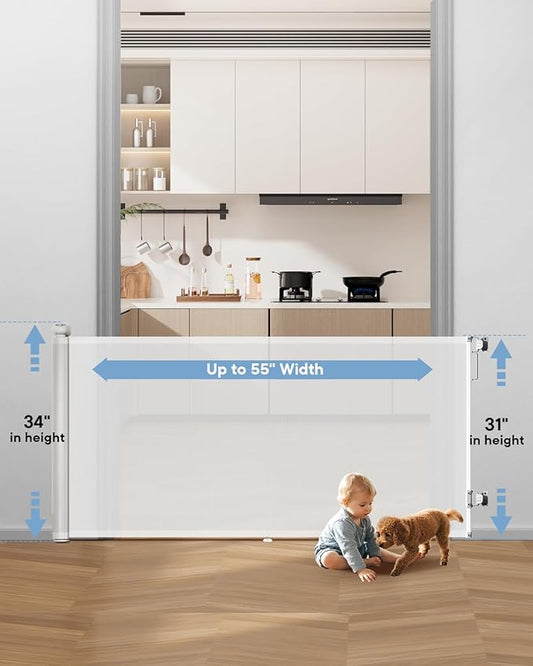 Retractable Baby Gate for Stairs - 55" Wide Mesh Dog Gate Indoor, Two-Step Safety Lock, 34" Tall Child Gate for Doorways, Hallways, Deck, Indoor Outdoor Garage, White