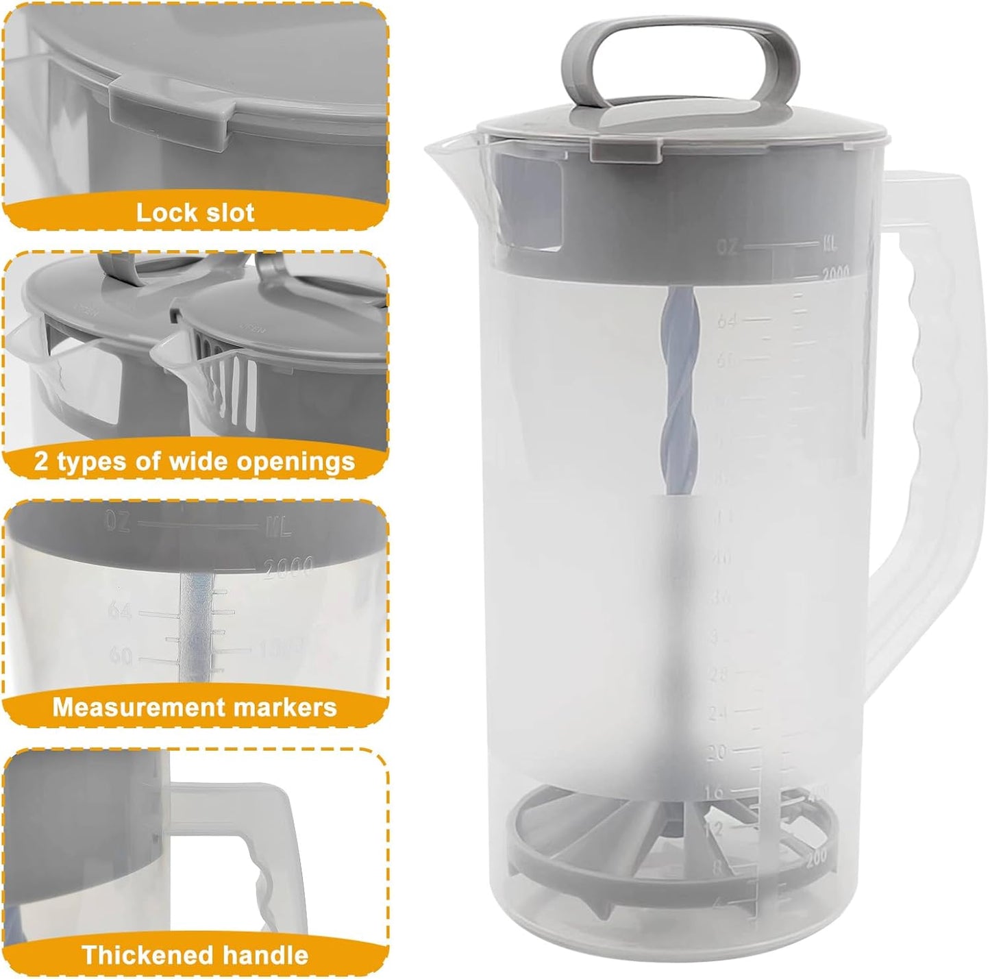 1 Pack Mixing Pitcher for Drinks 2 Quart/ 64oz Plastic Water Pitcher with Lid，Easy-Mix Juice Container，Angled Plastic Blades and Adjustable Mixer Plunger for Juice, Tea, Beverage Container