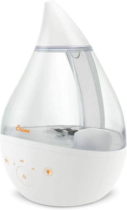 Crane 4-in-1 Drop 2.0 Ultrasonic Cool Mist Humidifier with Sound Machine, Night Light, Aroma Tray, 1 Gallon Top Fill, Blue & White