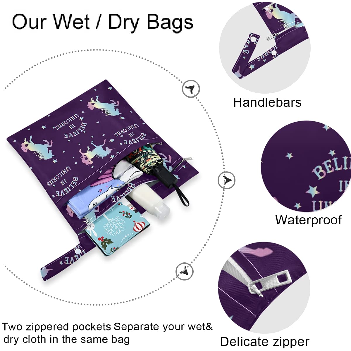 visesunny Leopard Grain 2Pcs Wet Bag with 2 Zippered Pockets Snap Handle Washable Reusable Roomy for Travel,Beach,Pool,Daycare,Stroller,Diapers,Dirty Gym Clothes, Wet Swimsuits, Toiletries