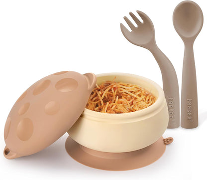 haakaa Silicone Mushroom Bowl & Bendy Cutlery Set – Baby Bowls with Suction & Spillproof Lid, Baby Spoons & Forks for Self Feeding, BPA-Free - Toast