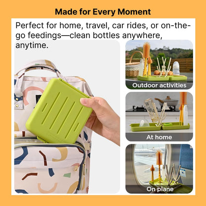 Travel Bottle Cleaner kit, 7in1 Baby Travel Gear Essential Silicone Travel Bottle Brush Set Nipple Drying Rack, Straw Breast Pump Cleaning Soap Dispenser Organizer Case Mon Gift (Pink)