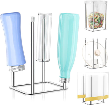 Water Bottle Drying Rack Reusable Bottle Rack Dryer Kitchen Stand Holder Metal Countertop Baby Bottle Drying Rack Water Cup Drying Rack for Plastic Bags, Bottles and Cups (Sliver, Large)