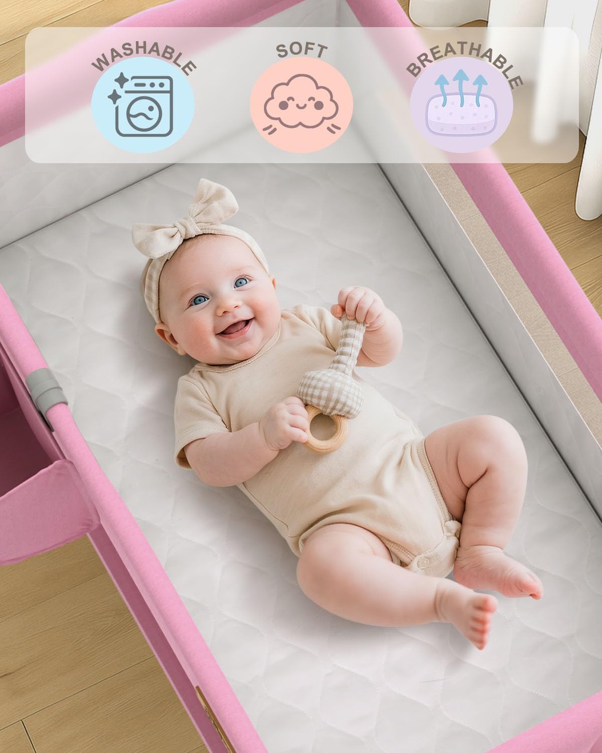 BIERUM Baby Bassinet Bedside Crib - 4 in 1 Bassinet Bedside Sleeper with Wheels, Mattress and Breathable Sides, 7 Height Adjustable, Stable and Secure Crib for Newborns