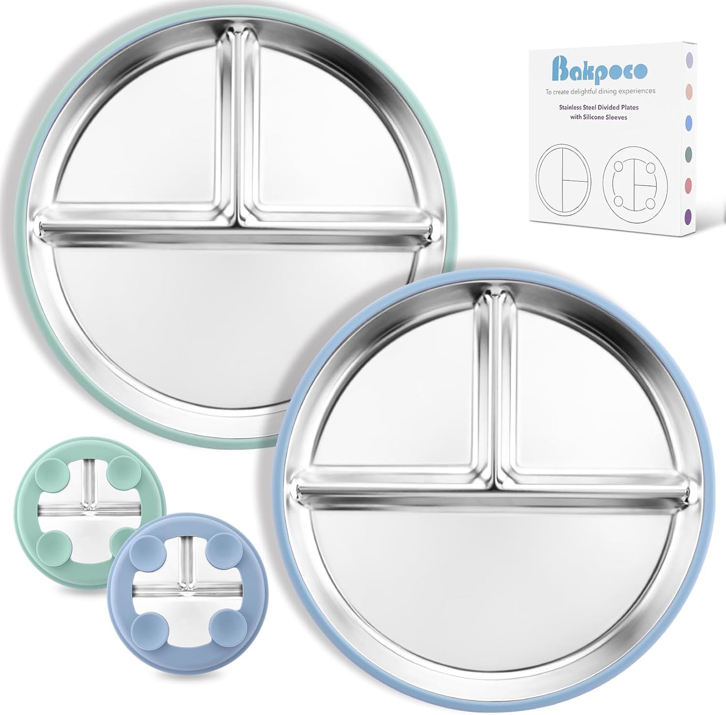 Bakpoco Stainless Steel Toddler Plate with Suction, 9” Divided Plates with Removable Silicone Sleeves for Kids, Non Toxic & BPA Free | Non Slip | Unbreakable Baby Snack Dishes Set of 2, Blue & Gray