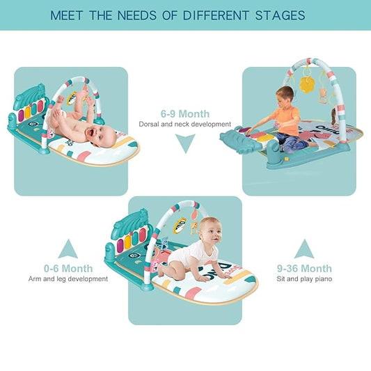 dearlomum Baby Play Mat & Piano Tummy Time Gym, Infant Sensory Activity Playmat with 5 Toys, Music & Lights, Developmental Gift for Boys & Girls 0-12 Months (Blue)