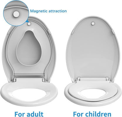 Toilet Seat, Elongated Toilet Seat with Toddler Seat Built in, Potty Training Toilet Seat Elongated Fits Both Adult and Child, with Slow Close and Magnets- Elongated