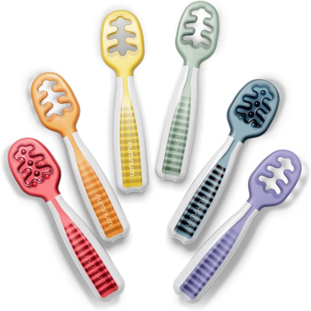 NumNum Baby Spoons Set, Baby Essentials Pre-Spoon GOOtensils for 6+ Months, First Stage Self-Feeding Spoons for Baby Led Weaning (BLW), Silicone Toddler Utensils, BPA-Free, 2 Pack Gray/Green