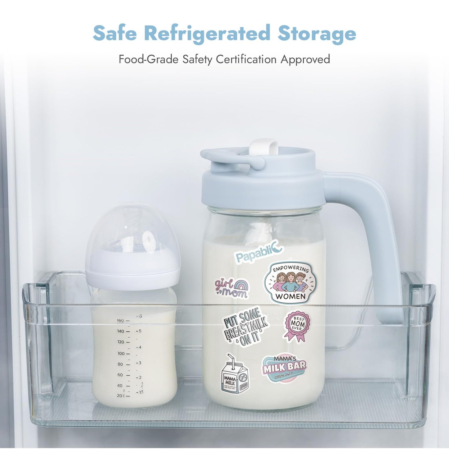 Papablic Breast Milk Pitcher, Glass Formula Mixer with Easy-Blend Handle Lid, Leakproof Breastmilk Fridge Storage Container, Wide Mouth, BPA-Free, Baby Feeding Pitcher, Blue