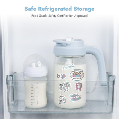 Papablic Breast Milk Pitcher, Glass Formula Mixer with Easy-Blend Handle Lid, Leakproof Breastmilk Fridge Storage Container, Wide Mouth, BPA-Free, Baby Feeding Pitcher, Blue