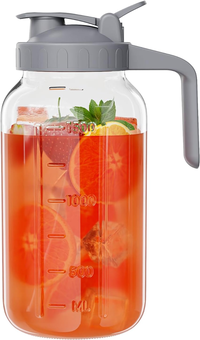 JunVpic Breast Milk Pitcher - 32 oz Glass Mason Jar with Dual Leak-Proof Design, Airtight Seal, Pour Spout & Handle, Storage Container for Breastmilk, Iced Tea & Ice Drinks（Gray）