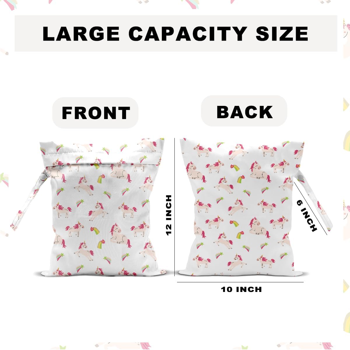 Unicorn Wet Dry Bag 12x10 Inch, Waterproof Reusable Wet Bag with Two Zippered Pockets & Handle for Swimsuit Travel Beach Pool Gym Stroller Dirty Yoga Gym Clothes Toiletries Daycare Organizer
