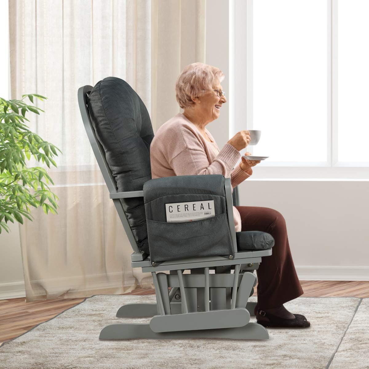 Costzon Nursery Glider with Ottoman, Upholstered Comfort Glider Rocker with Padded Cushion, Storage Pocket, Solid Wood Base, Rocking Chair Nursery for Breastfeeding, Napping (Light Gray)