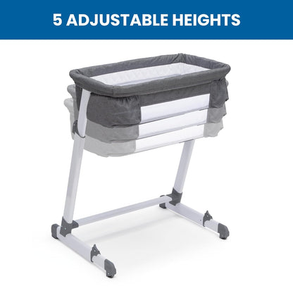 Simmons Kids By The Bed City Sleeper Bassinet - Adjustable Height Portable Crib with Wheels & Airflow Mesh, Grey Tweed