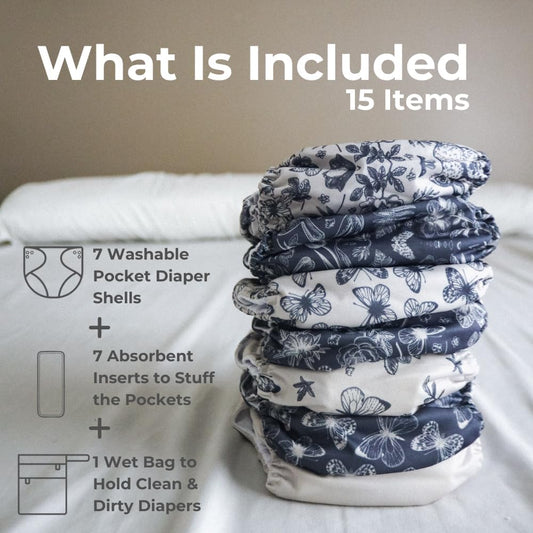 Nora's Nursery Cloth Diapers 7 Pack with 7 Inserts & 1 Wet Bag - Waterproof Cover, Washable, Reusable & One Size Adjustable Pocket Diapers for Newborns and Toddlers - Delilah