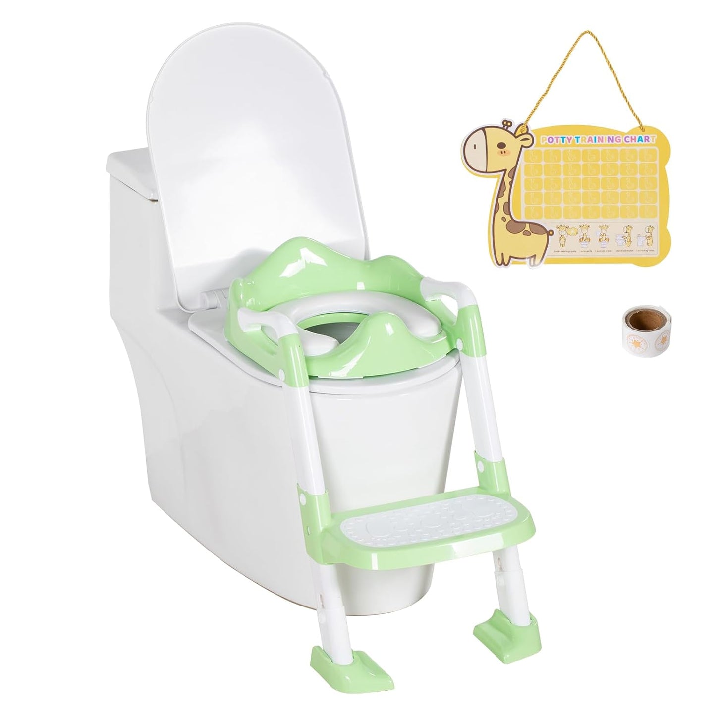 BRINJOY Potty Training Seat with Step Stool Ladder, Potty Toilet Toddler Seat w/Potty Training Chart & Cushion Handle, Kids Potty Training Toilet Chair for Girls Boys w/Non-Slip Pads Wide Step