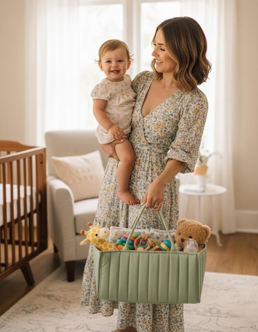 Baby Diaper Caddy Organizer-Large Nursery Storage Basket for Changing Table and Car - Portable Newborn Essentials & Wipes Bin - Gift for Baby Shower and Registry Must-Have (Forest Green)