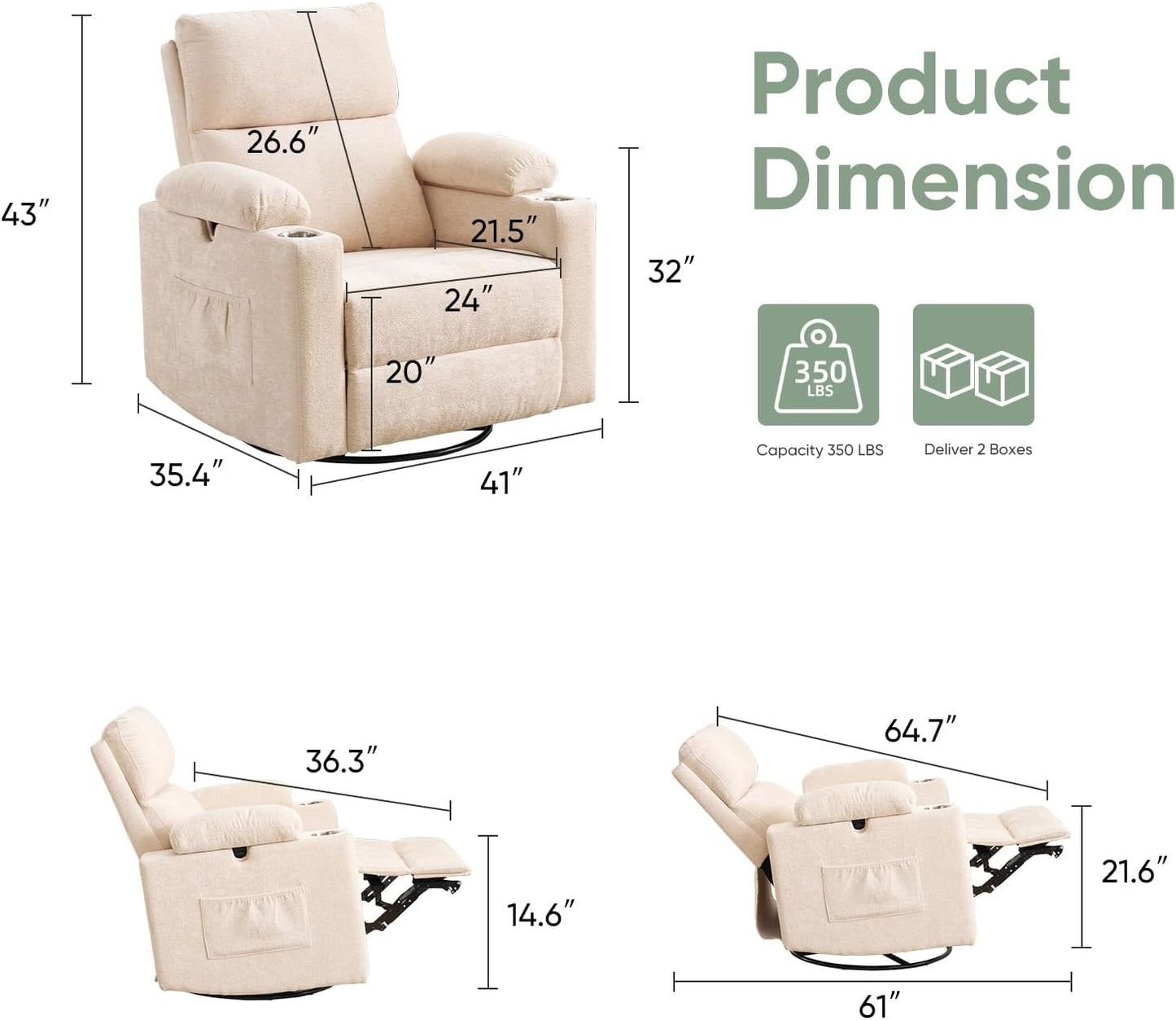 Rocking Chair Nursery with Adjustable Armrest for Breastfeeding, Glider Recliner Nursery Chair with Massage and Heat, Power Swivel Rocker Recliner with Adjustable Headrest, Corduroy, Beige