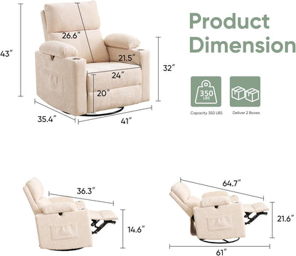 Rocking Chair Nursery with Adjustable Armrest for Breastfeeding, Glider Recliner Nursery Chair with Massage and Heat, Power Swivel Rocker Recliner with Adjustable Headrest, Corduroy, Beige