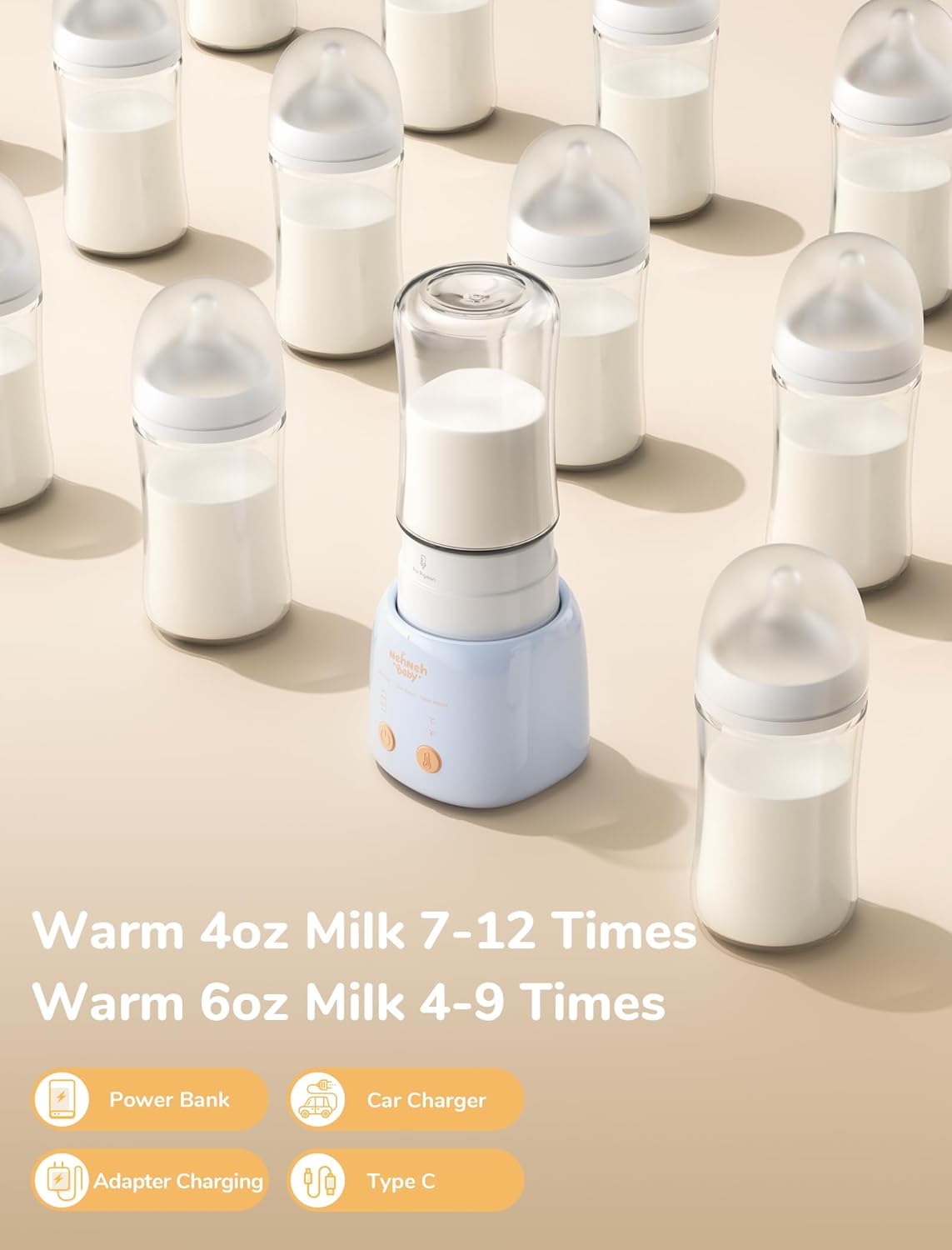 Portable Bottle Warmer On The Go, Includes 9 Brand Adapters, Fast Heating with Precise Temperature Control, Detachable & Leak-Proof Design, Baby Bottle Warmer for Travel - Blue