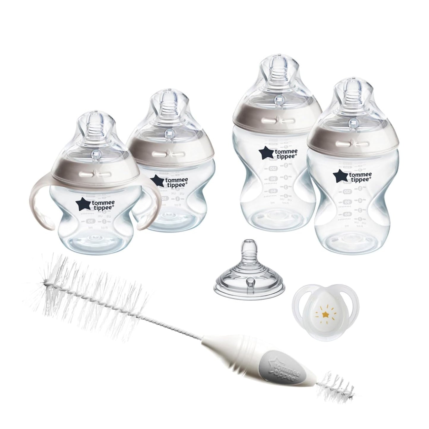 Tommee Tippee Natural Start 12 Piece BPA Free Bottle Set, Includes 2 x 5 oz, 3 x 9 oz, 1 x 11 oz Bottles, Newborn 0+ Months, Slow, Medium & Thicker Flow Breast-Like Nipples, Cleaning Brush, Clear