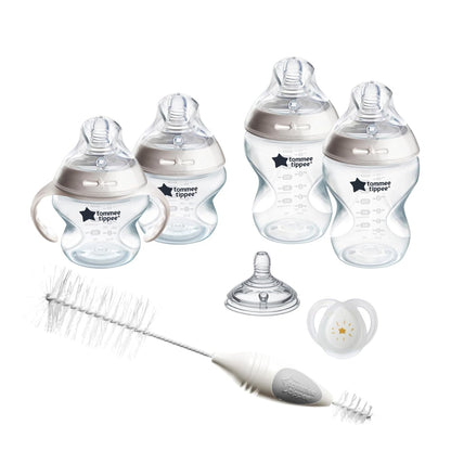 Tommee Tippee Natural Start 12 Piece BPA Free Bottle Set, Includes 2 x 5 oz, 3 x 9 oz, 1 x 11 oz Bottles, Newborn 0+ Months, Slow, Medium & Thicker Flow Breast-Like Nipples, Cleaning Brush, Clear